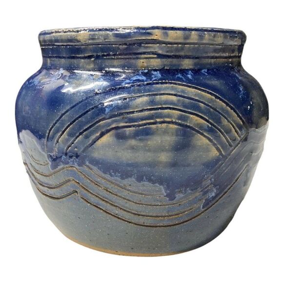 4” Stoneware Pottery Bowl Bonzai Planter Blue Glaze Signed by McBride Dragonfly - Picture 1 of 6